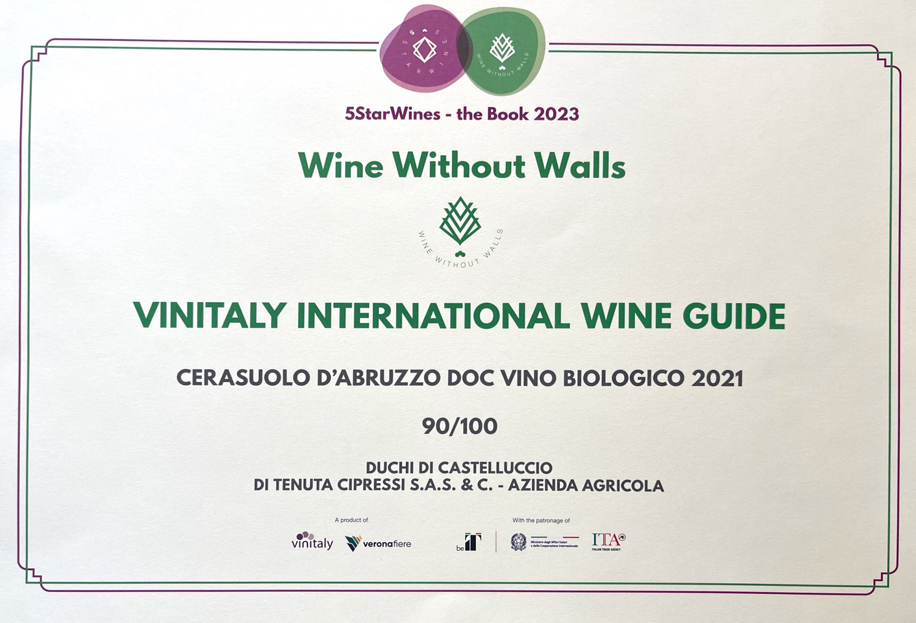 Winitaly International Wine Guide 2022 AWARD for Cerasuolo d'Abruzzo Duchi di castelluccio award 2022 vinitaly veronafiera