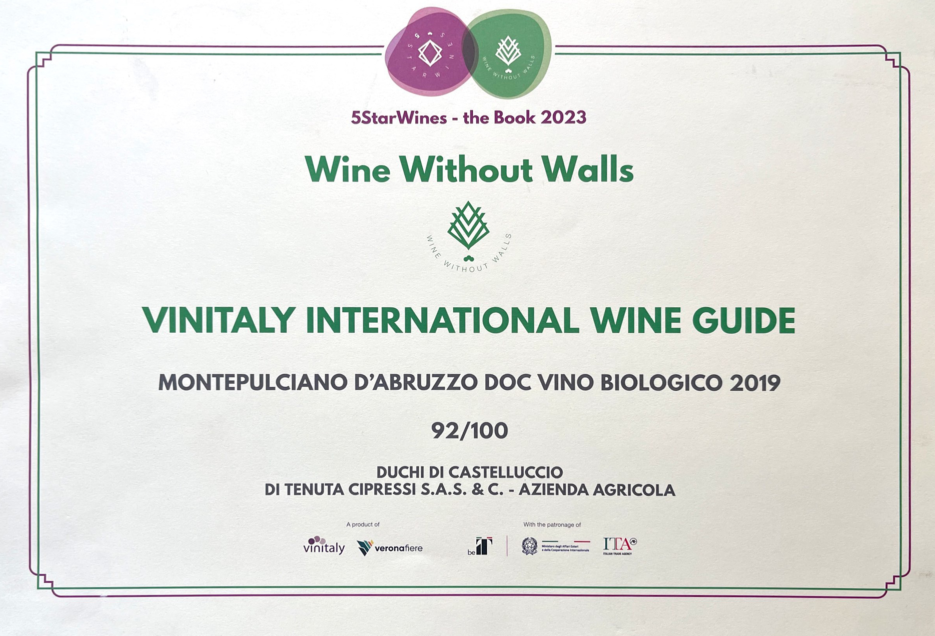Vinitaly Wine Guide 2022 AWARD for TENUTA Montepulciano d’Abruzzo